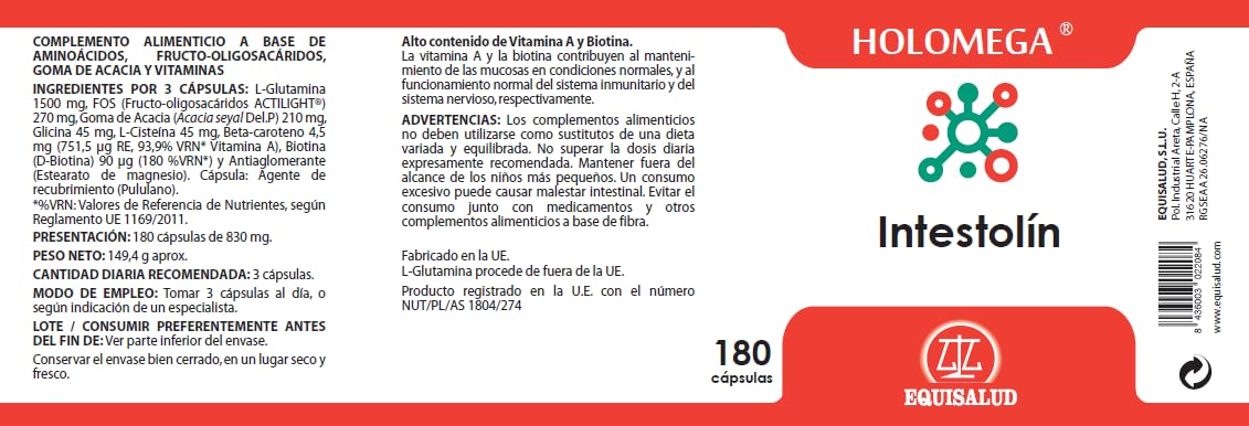 Equisalud - Holomega Intestolín 180 Cápsulas - Soporte para el Confort Digestivo y el Bienestar de la Microbiota Intestinal - L-Glutamina, Prebióticos y Biotina
