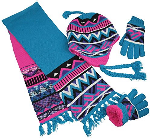 Image of N'Ice Caps Kids Hat Glove Scarf Girls 3 Piece Winter Knit Set Sherpa Lined