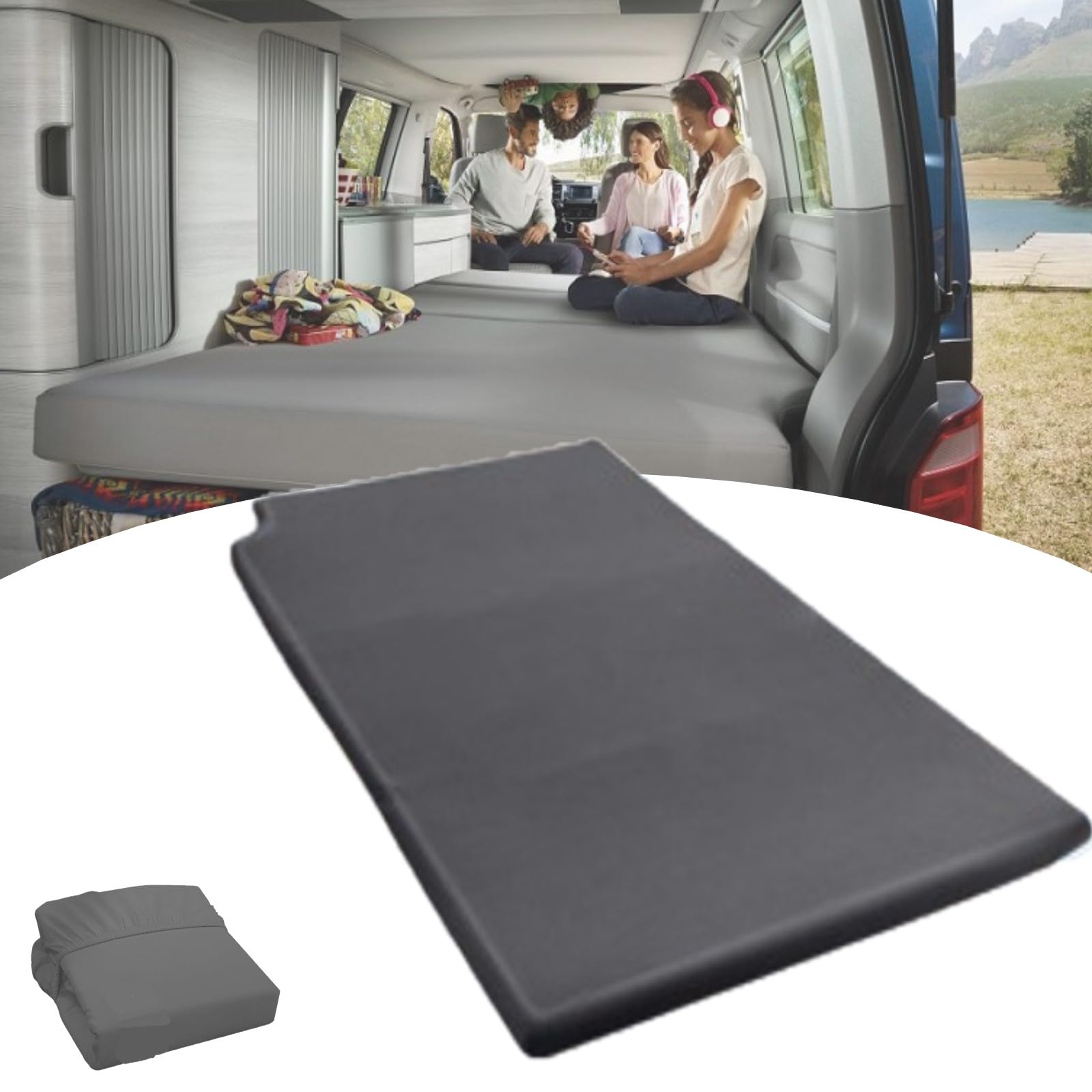 Prześcieradło z gumką do samochodów kempingowych, do samochodów dostawczych, VW T5, T6, T6.1, Ocean, Składane, Szary, 20% elastan, 40% nylon, 40% bawełna, Full