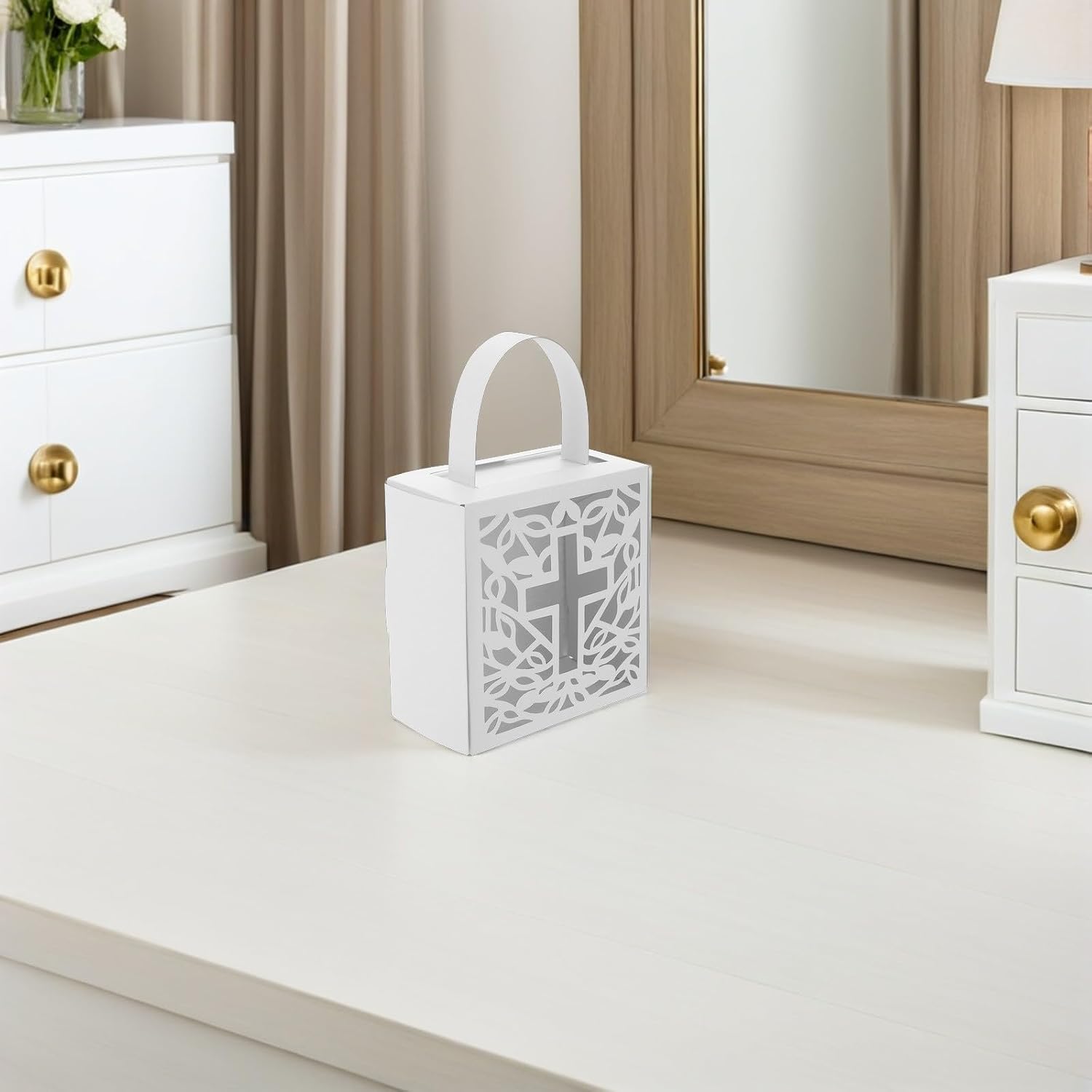 TIDTALEO 25pcs White Paper Gift Boxes with Delicate Hollow out Cross Design, Convenient Handheld Style and Secure Packaging, for Christening Favors and Religious Shower Gifts image 5