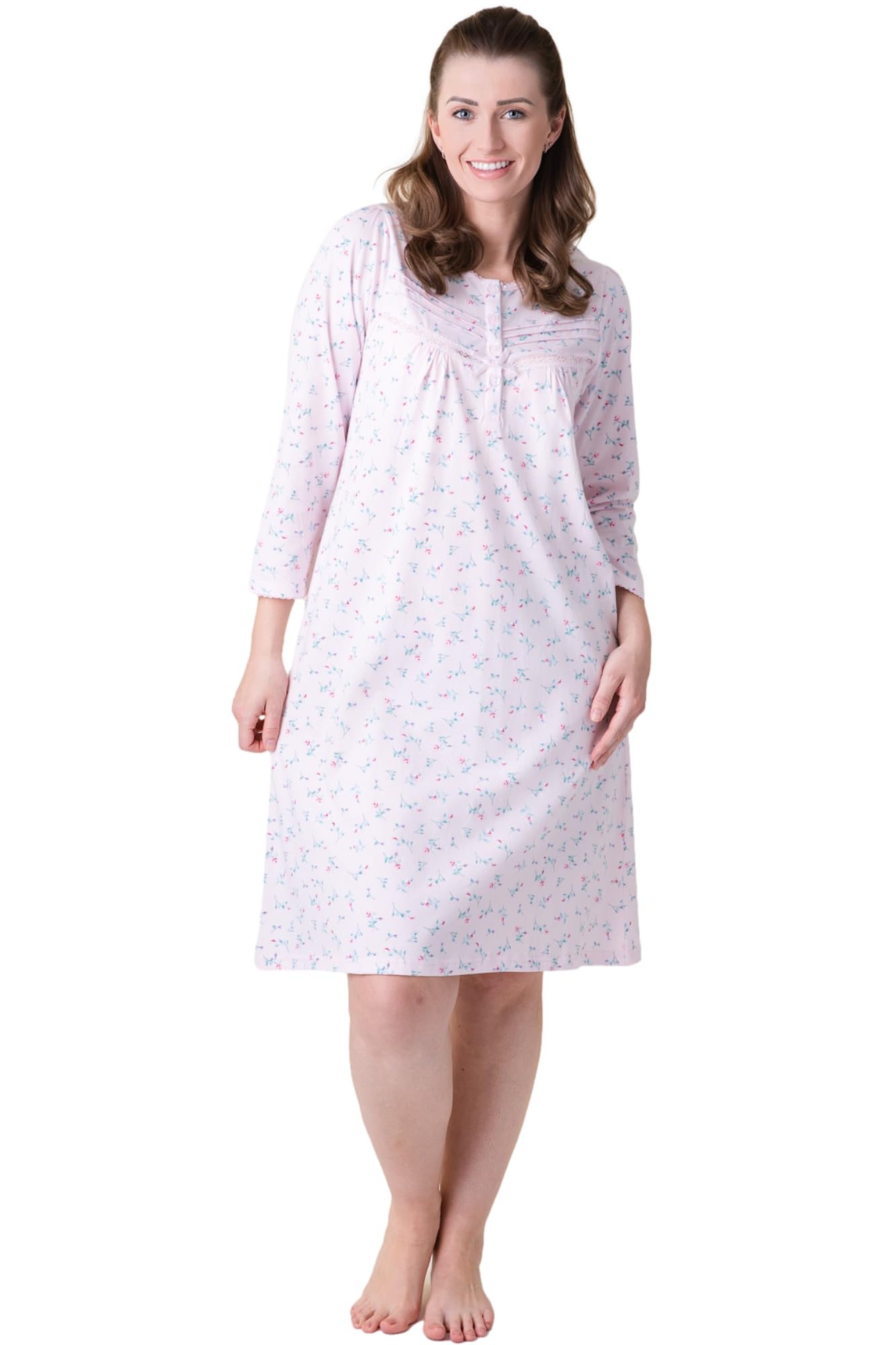 Camille Women's Pink 100% Organic Cotton Floral Long Sleeve Nighties - Smooth Cotton Nightwear With Round Neck Button Fastening - Pretty Nighties For - Size 14-16