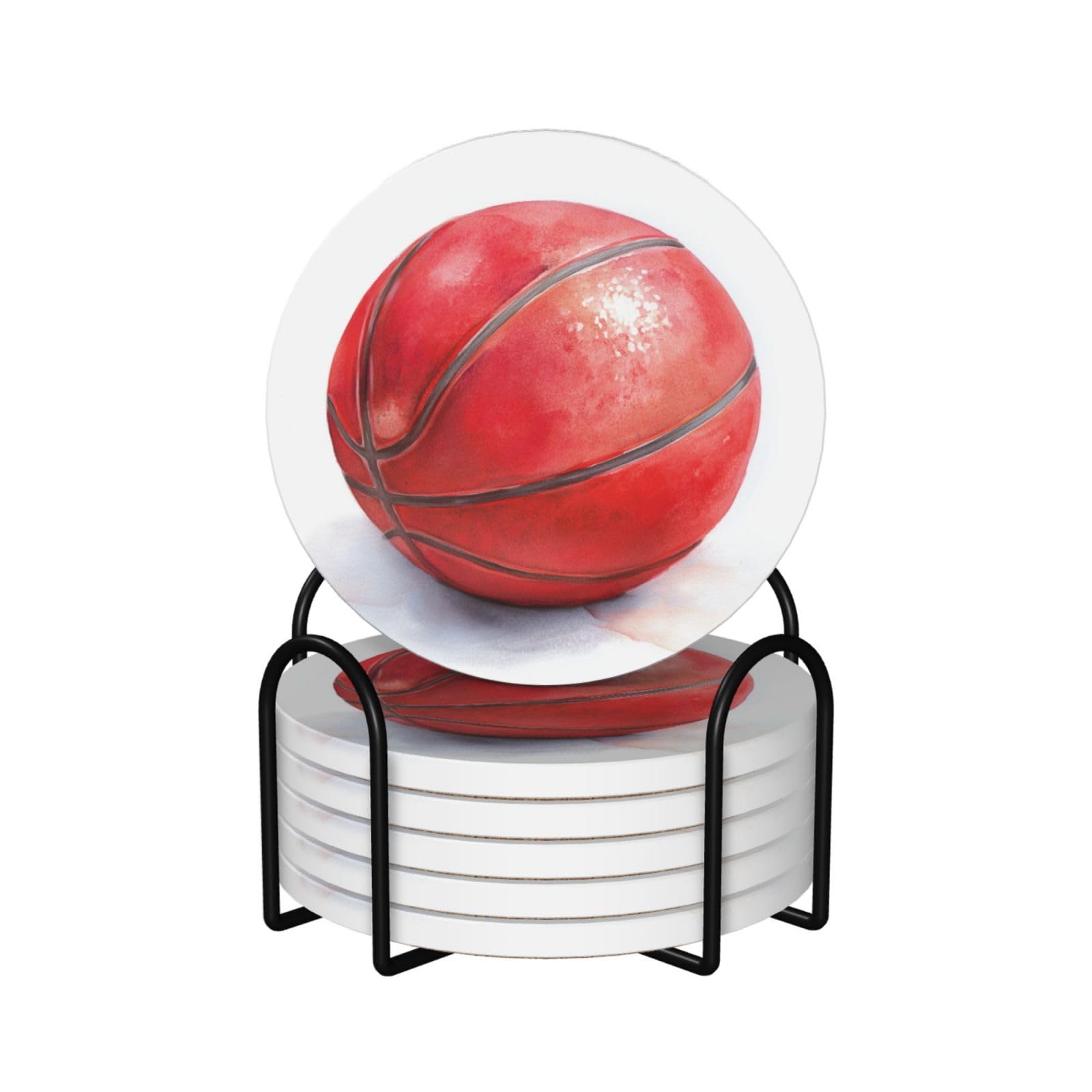 Cute Red Basketball Watercolor Ceramic Coasters with Holder 6ps