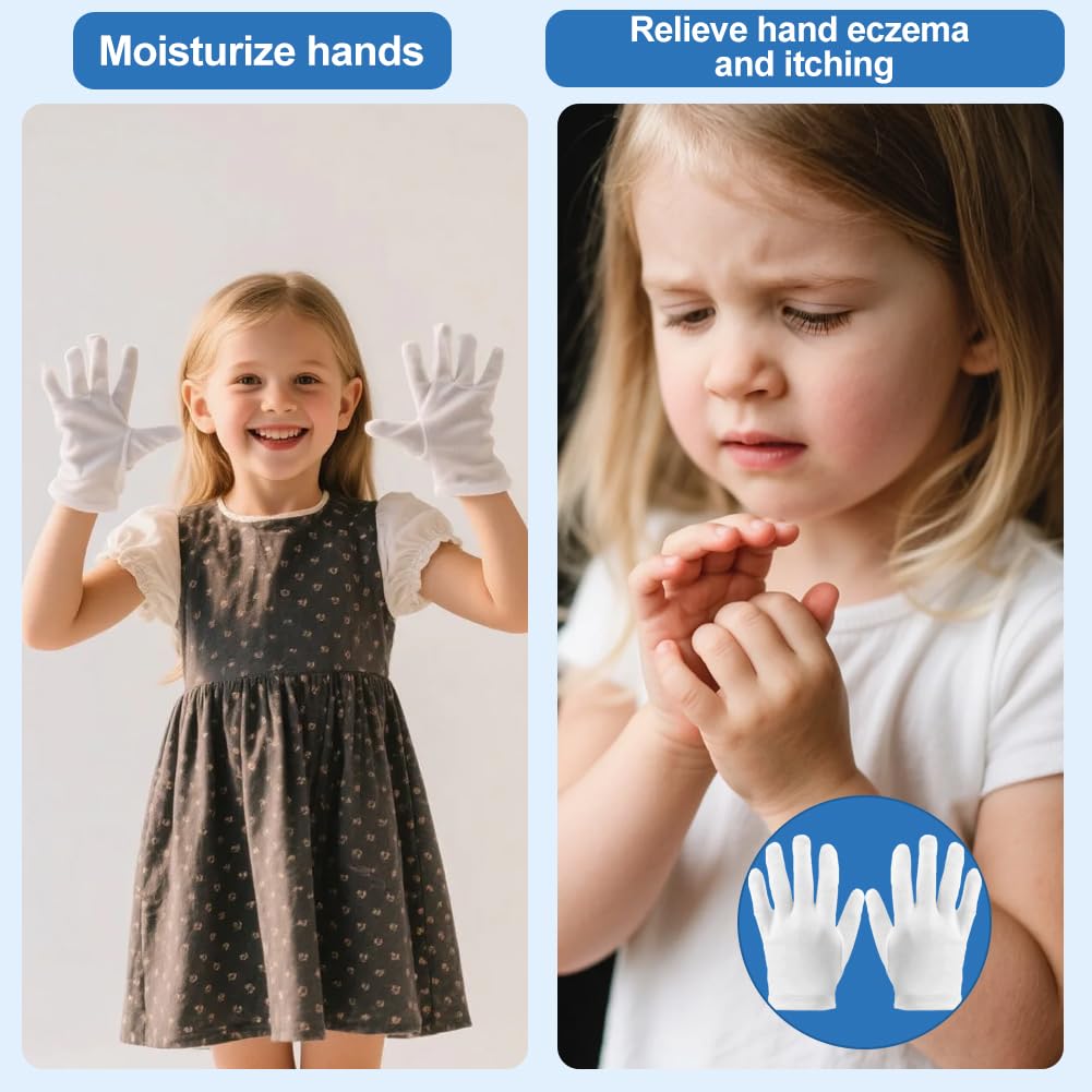 Guanti in Cotone Bianchi Bambini, 4 Paia Lavabili e Riutilizzabili in Cotone Guanti Idratanti per Mani Asciutte Eczema Notte per i Bambini (3-5 Anni)