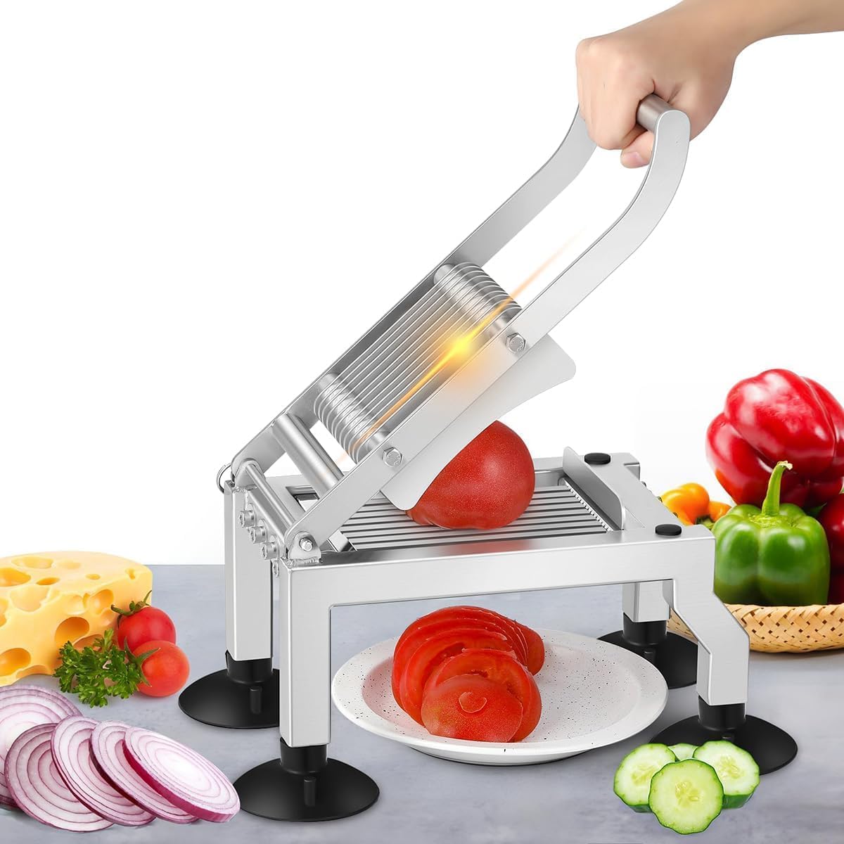 Cortador de tomate profesional: rebanadas uniformes de 10 mm, hoja de acero inoxidable y base de succión antideslizante. Ideal para uso en restaurantes y cocinas domésticas.