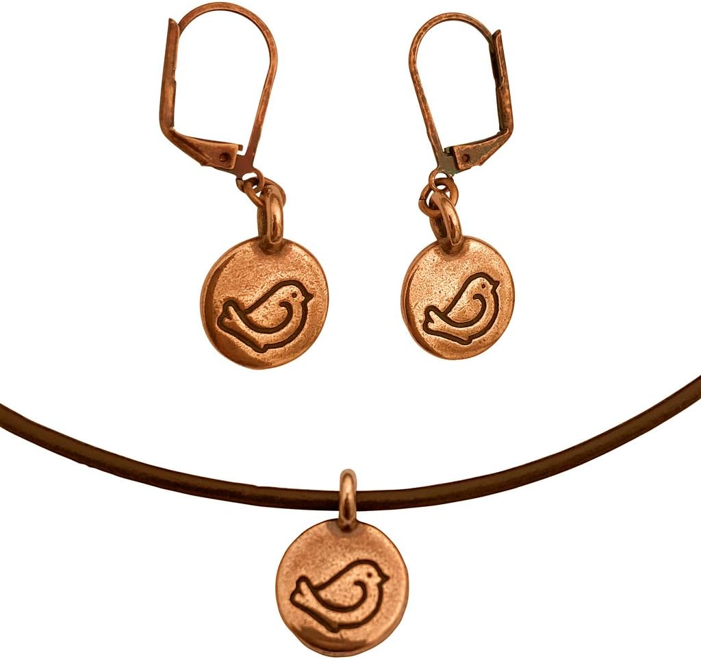 DragonWeave Bird Circle Charm Necklace & Earring Set, Antique Copper Brown Leather Adjustable