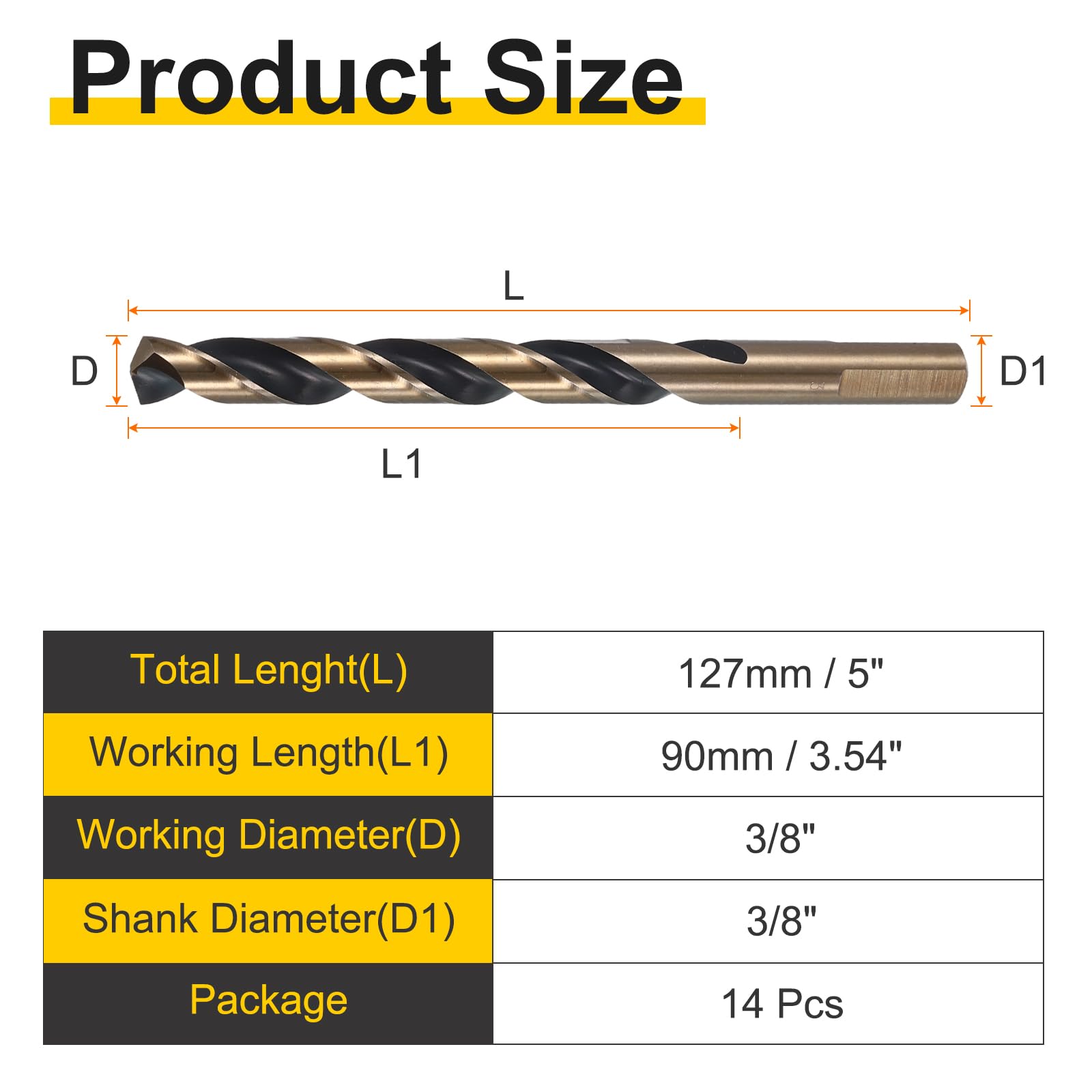 sourcing map 14 punte elicoidali per trapano con codolo ridotto, diametro 3/8", gambo da 3/8", in acciaio ad alta velocità, M2, finitura in ossido nero e oro, per forare metalli duri, acciaio