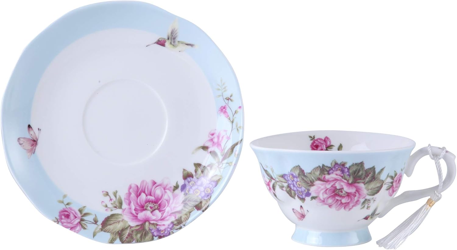 London Boutique Coffee Tea Cup and Saucer Set 4 Shabby Chic Vintage Porcelain Bird Butterfly Flora Gift Box 7.5OZ (4 Colours)