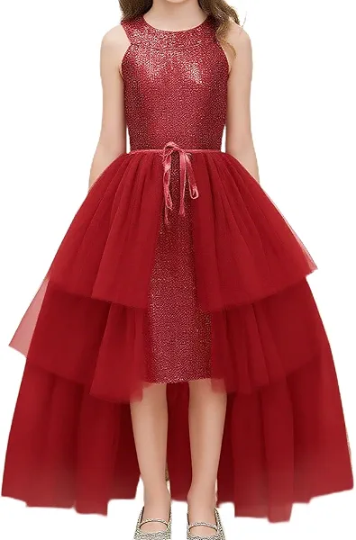 Girls' Special Occasion Dresses Pageant Formal Sequin Halter Dance Dress for Flower Birthday Party Princess Wedding Size 10 Red