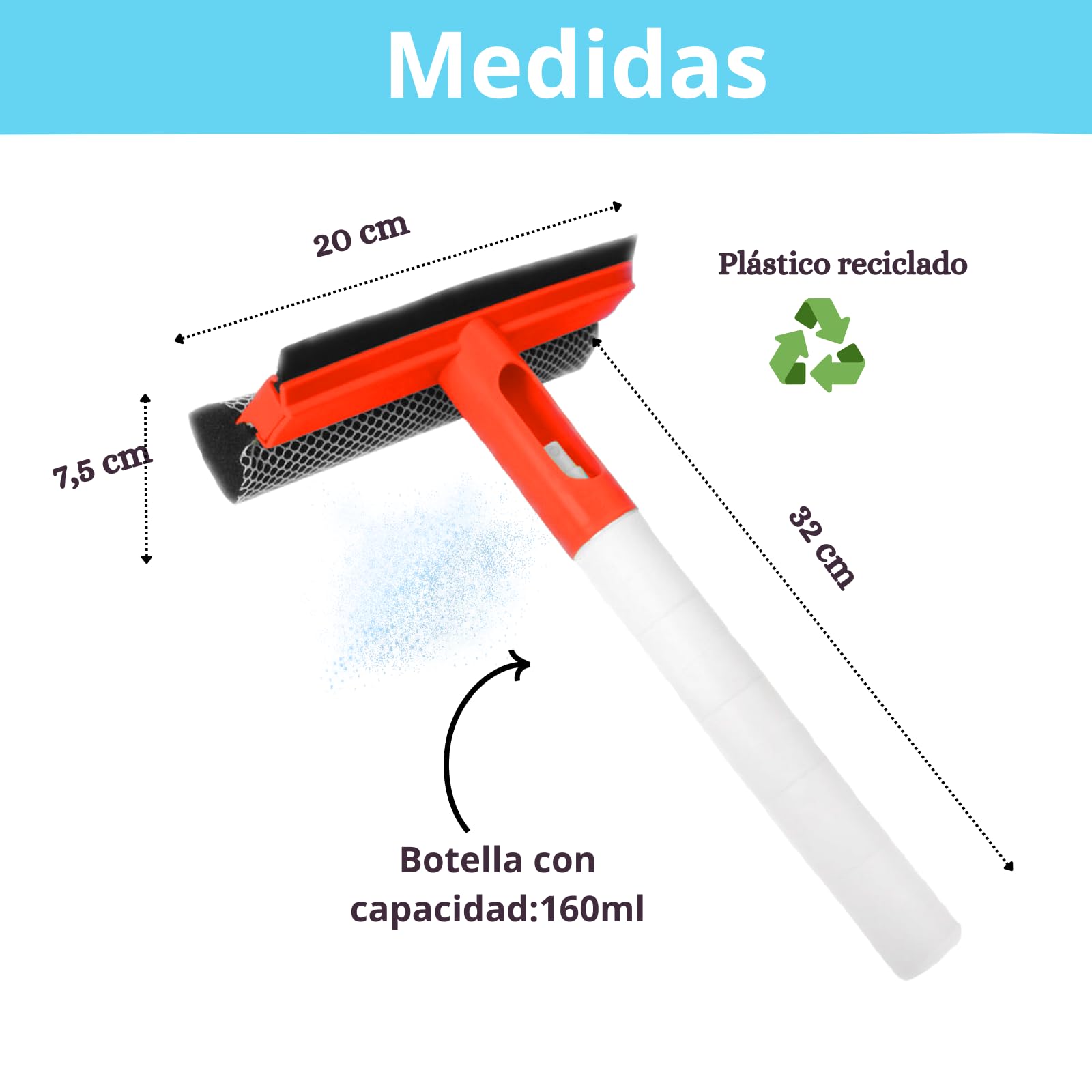 Limpia Cristales 3en1 rasqueta de Goma+Esponja limpiadora +depósito para Rellenar con líquido Limpiador. Limpiacristales Multiusos para el hogar, Coche u Oficina. (Naranja)