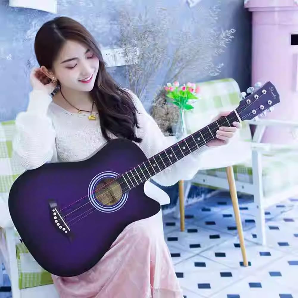 Gitara akustyczna dla początkujących 41 cali, 6-strunowa Przenośna gitara podróżna, z pokrowcem, strunami, paskiem, stroikiem i kostką,Purple,41in