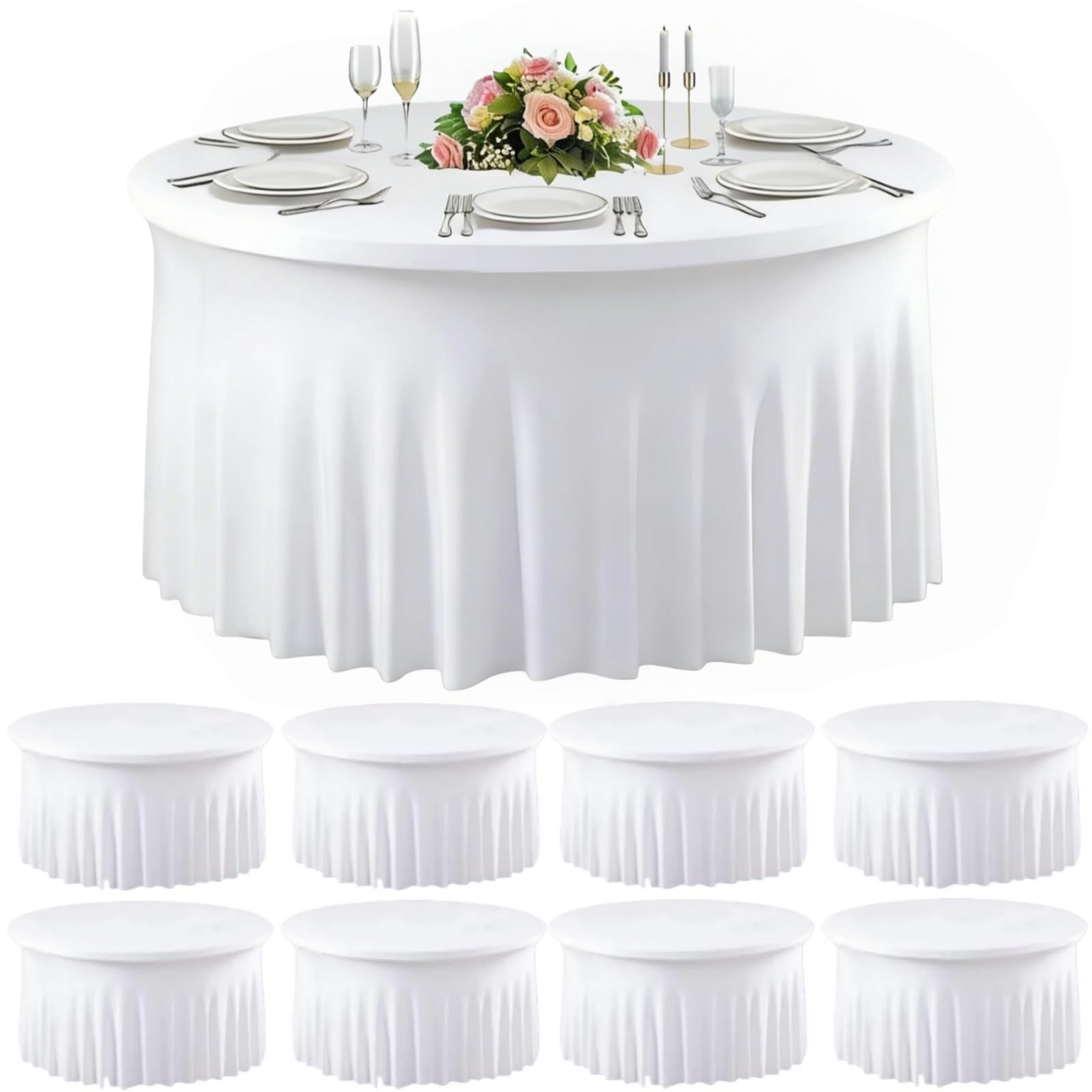 8 Pack White Spandex Round Tablecloths for 60inch Tables, 120 Inch Stretchy 5ft Round Fitted Tablecloth, Wrinkle Free Table Cloths Washable Table Covers with Skirt for Wedding Party Birthday Banquet