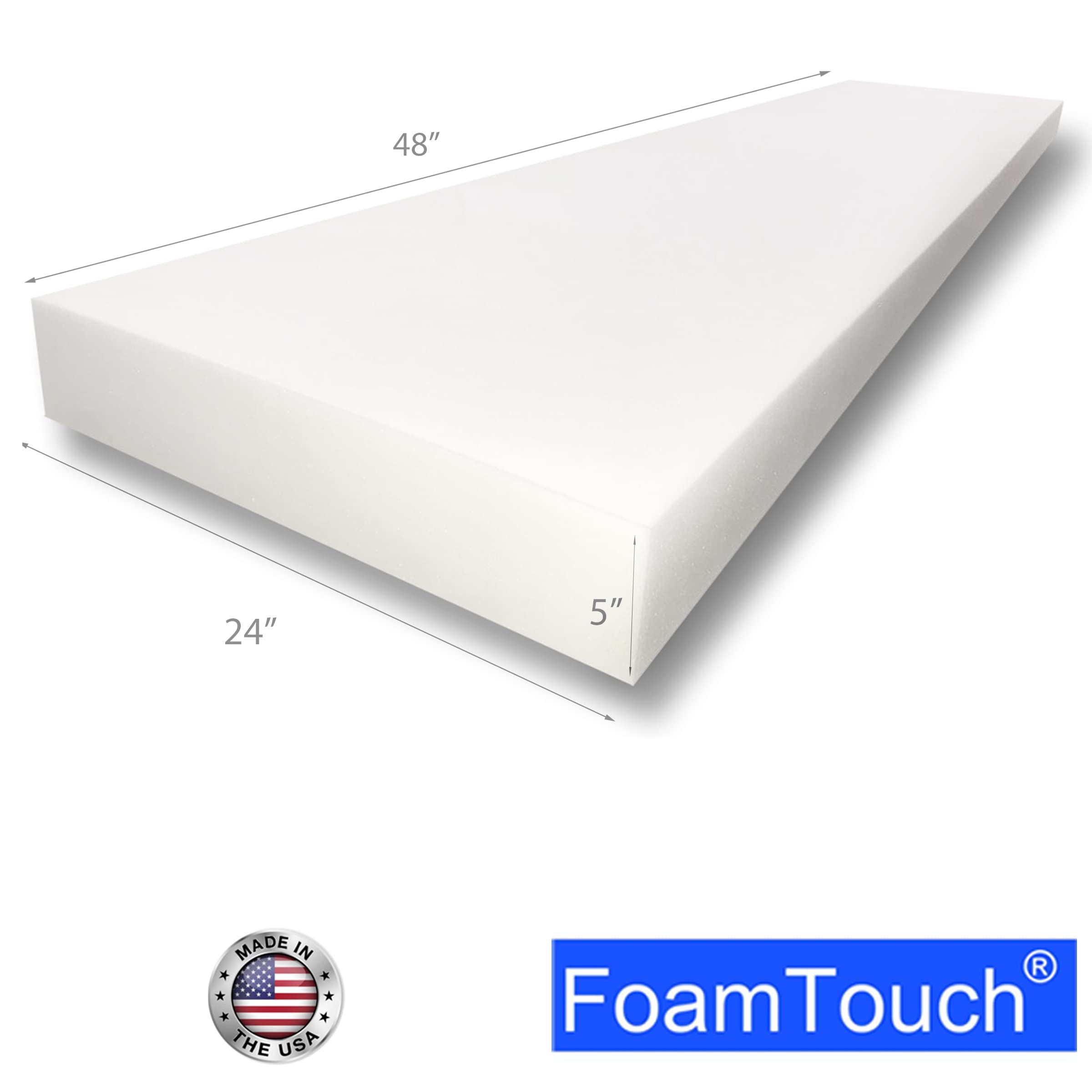 FoamTouch High Density Custom Cut Upholstery Foam Seat Cushion 5 inch Thick by 24 inch Wide by 48 inch Long