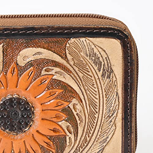 Western Go To Gear Sunflower Tooled Handmade Bifold Wallet (Tan & Orange)2