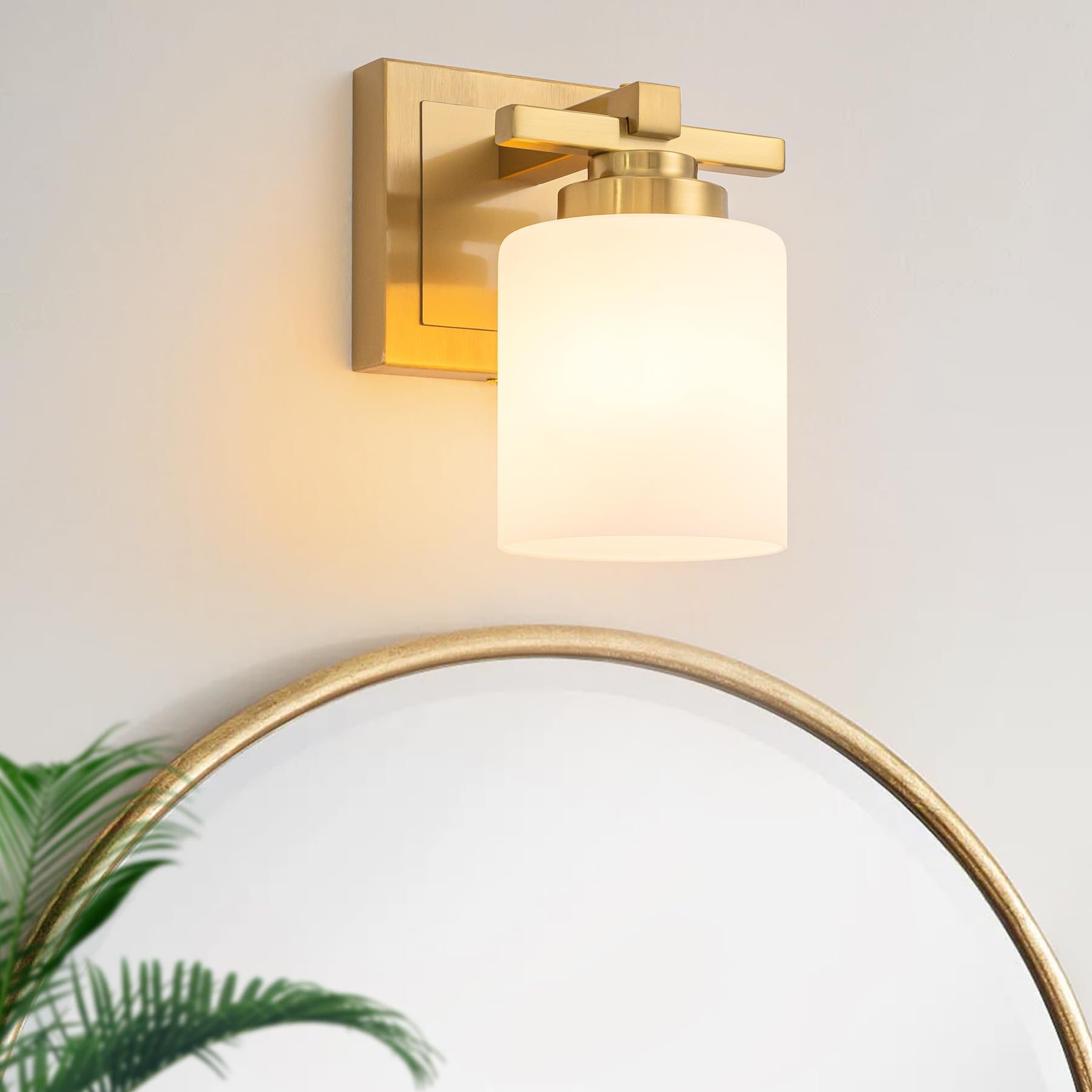Photo 1 of BrkNit Modern Bathroom Light Fixtures Over Mirror, Vanity Lights for Bathroom Wall Sconces with Milky White Glass Shades, E26 Socket (Bulbs Not Included), 1 Light, Brass