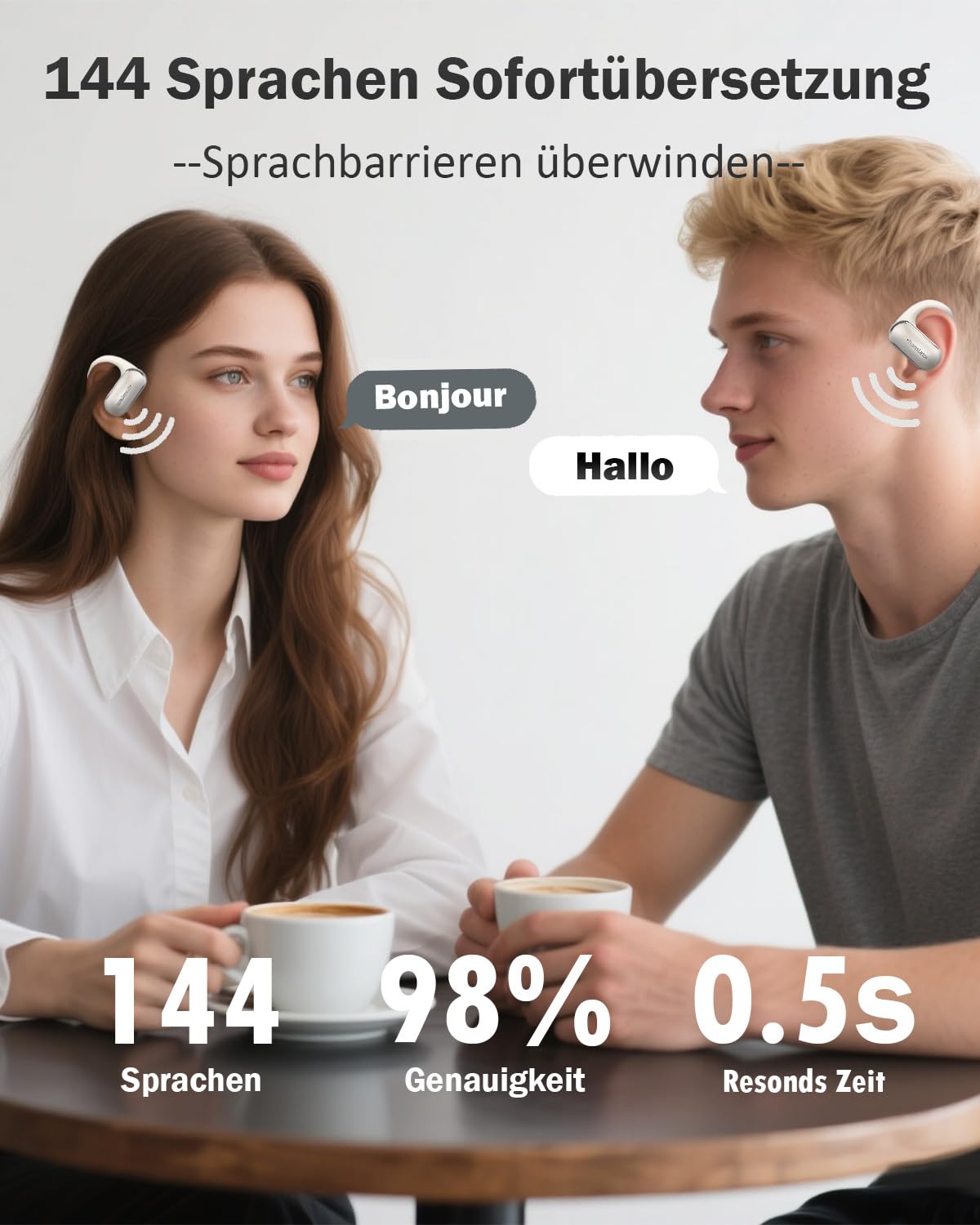 KI Übersetzer Kopfhörer Ohne Internet, 3-in-1 Echtzeit Sprachübersetzer mit 144 Online & 11 Offline Sprachen, Bluetooth 5.4, Ladecase, Beige
