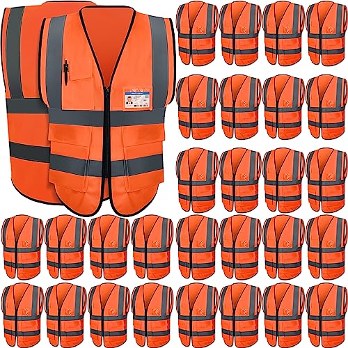 Leumoi 30 Pack Reflective Safety Vest with Pockets and Zipper High Visibility Vest for Women Men Work (Orange,L)