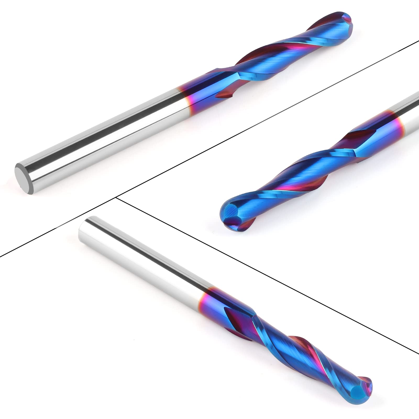 EANOSIC CNC-Fräser-Bit aus Hartmetall, 6,35 mm Schaft, extra langer 7,6 cm Spiral-Kugelfräser, Holzfräser mit blauer Nano-NACO-Beschichtung, 2 Stück