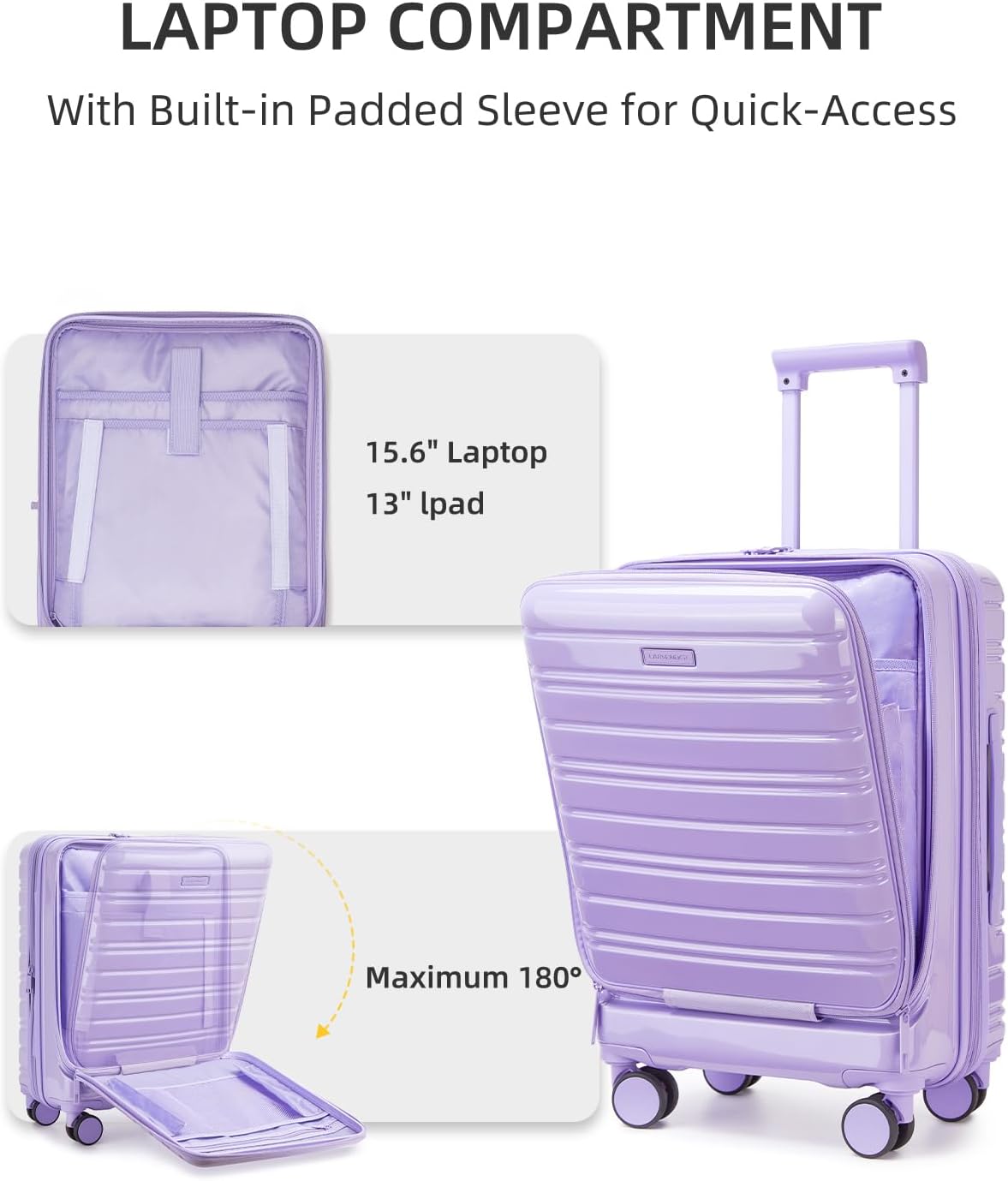 LARVENDER Carry On Luggage 22x14x9 Airline Approved, 20 Inch Expandable PC+ABS Hardside Carry On Luggage with Front Pocket Spinner Wheels TSA Lock for Women Men (Lavender) - Image 3