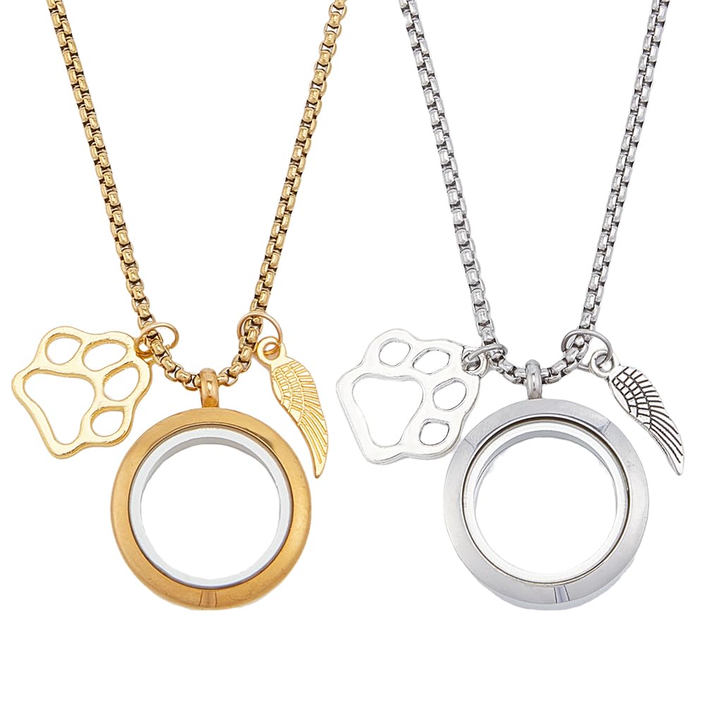 DELORIGIN 2Pcs Pet Hair Memorial Necklace Stainless Steel Fur Ashes Keepsake Necklace Clear Glass Locket Necklaces with Wing & Paw Cat Dog Urn Picture Memorial Jewelry for Women Men Personalised Gift