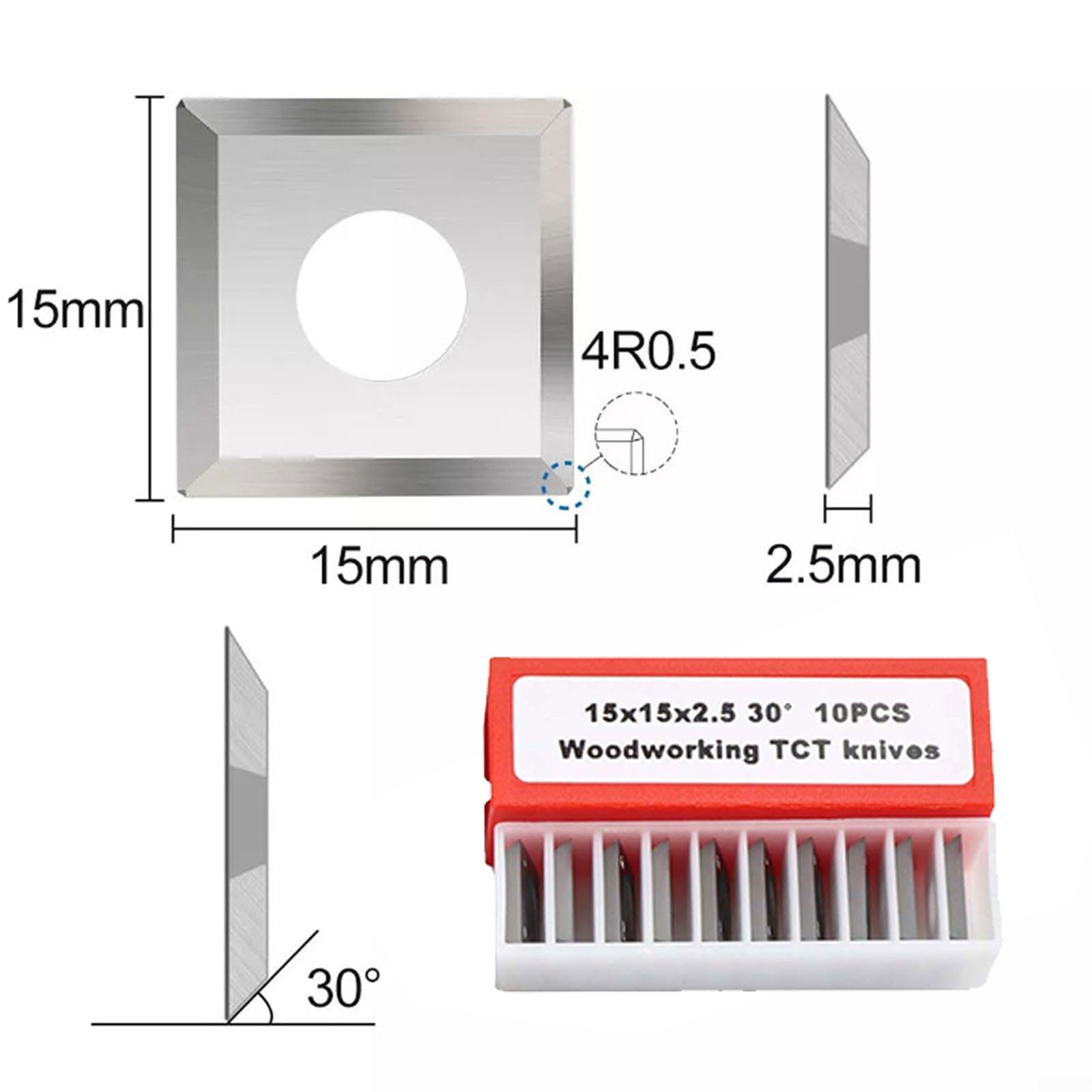 Plaquettes de coupe carrées en carbure de tungstène avec bord 4R0,5 pour tour à bois - 15 x 15 x 2,5 mm
