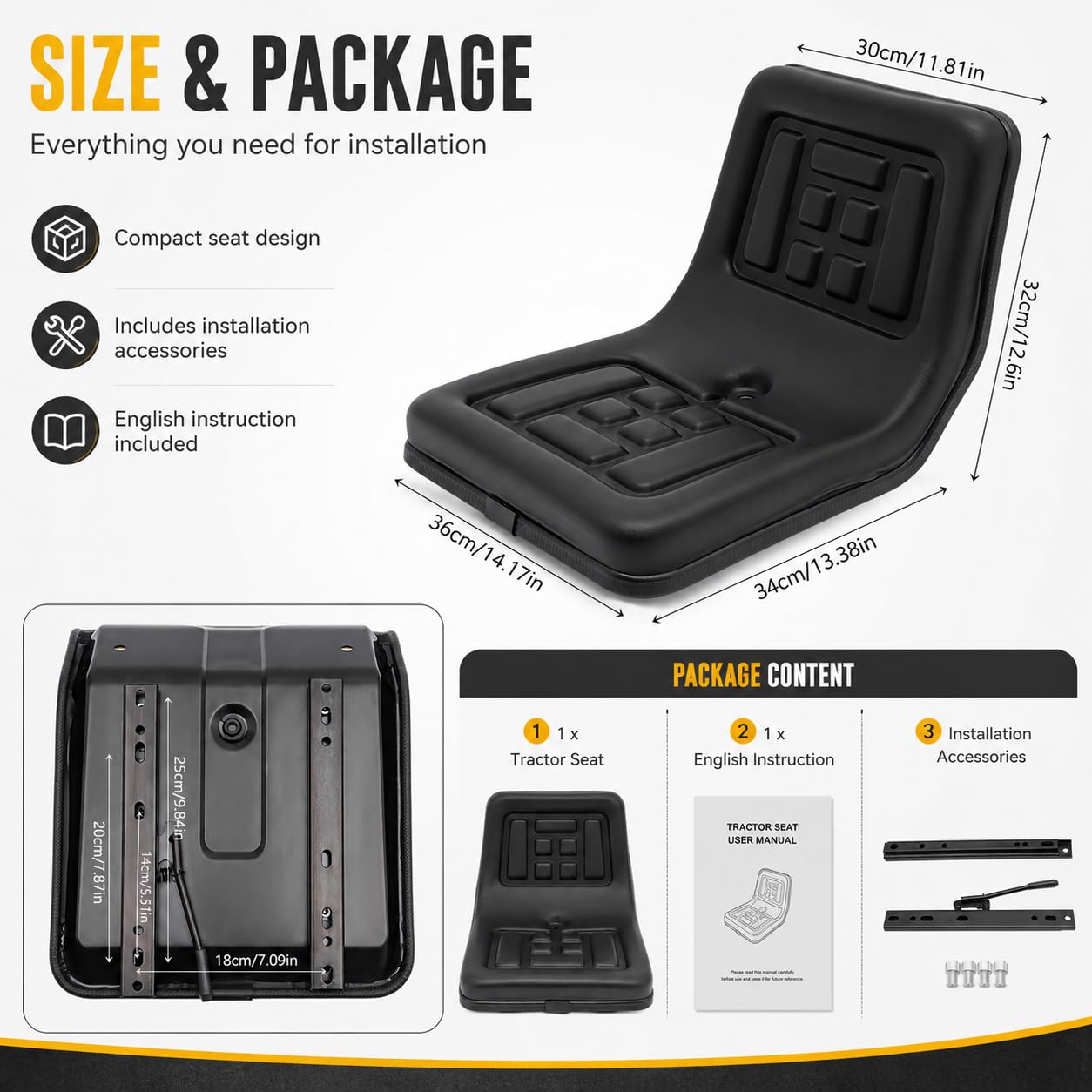 Seggiolino Universale per Trattore e Mini Escavatore - Imbottito, Impermeabile, per Carrello Elevatore - 36 x 35 x 30 cm, Nero