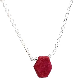 Gempires Natural Raw Ruby Crystal Pendant Necklace, Birthstone Jewelry, Energy Crystal, Rough Ruby Pendant For Women's, 12-14 mm Raw Stone, 16 + 2 Inch Adjustable Silver Plated Chain (Ruby)