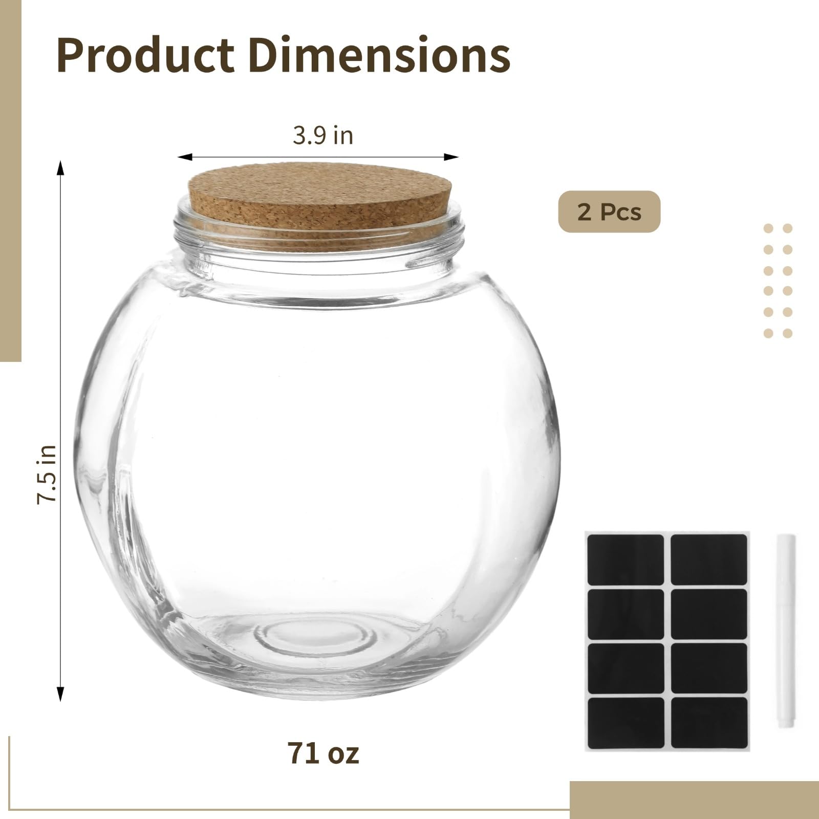 2 Stk. Glas-Keksdosen, 71 oz Vorratsdosen mit breiter Öffnung und vakuumversiegelten Korkdeckeln, große Bonbondose für Küche und Vorratsschrank, Marker und Etiketten, für Kaffee, Tee, Mehl, Bohnen
