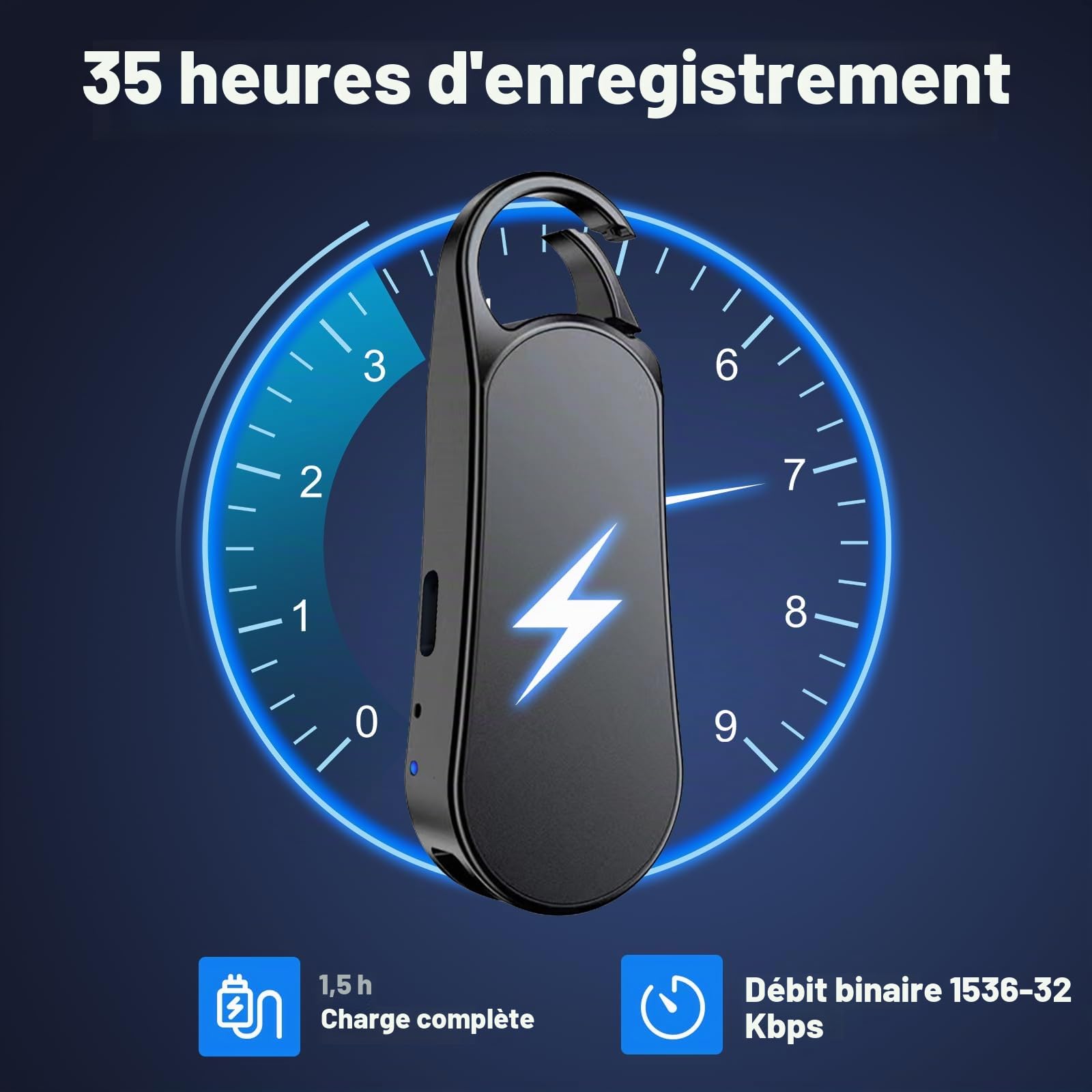 64Go Enregistreur Vocal Mini - Design Porte-clés, 35 Heures d'Enregistrement, Boîtier en Métal, Son Hi-FI 1536KBPS, Dictaphone avec Activation Vocale pour Interviews et Réunions (64GB)