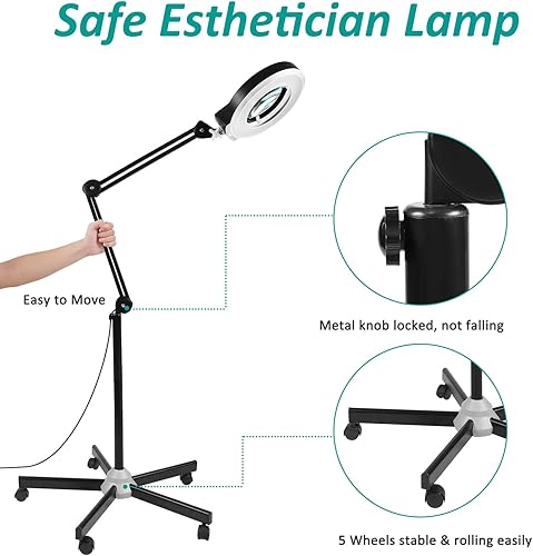 Miniatura 4 de Veemagni - Lupa 8X con luz y soporte, lámpara de pie con base rodante de 5 ruedas para tratamientos faciales, esteticistas de pestañas, 1500