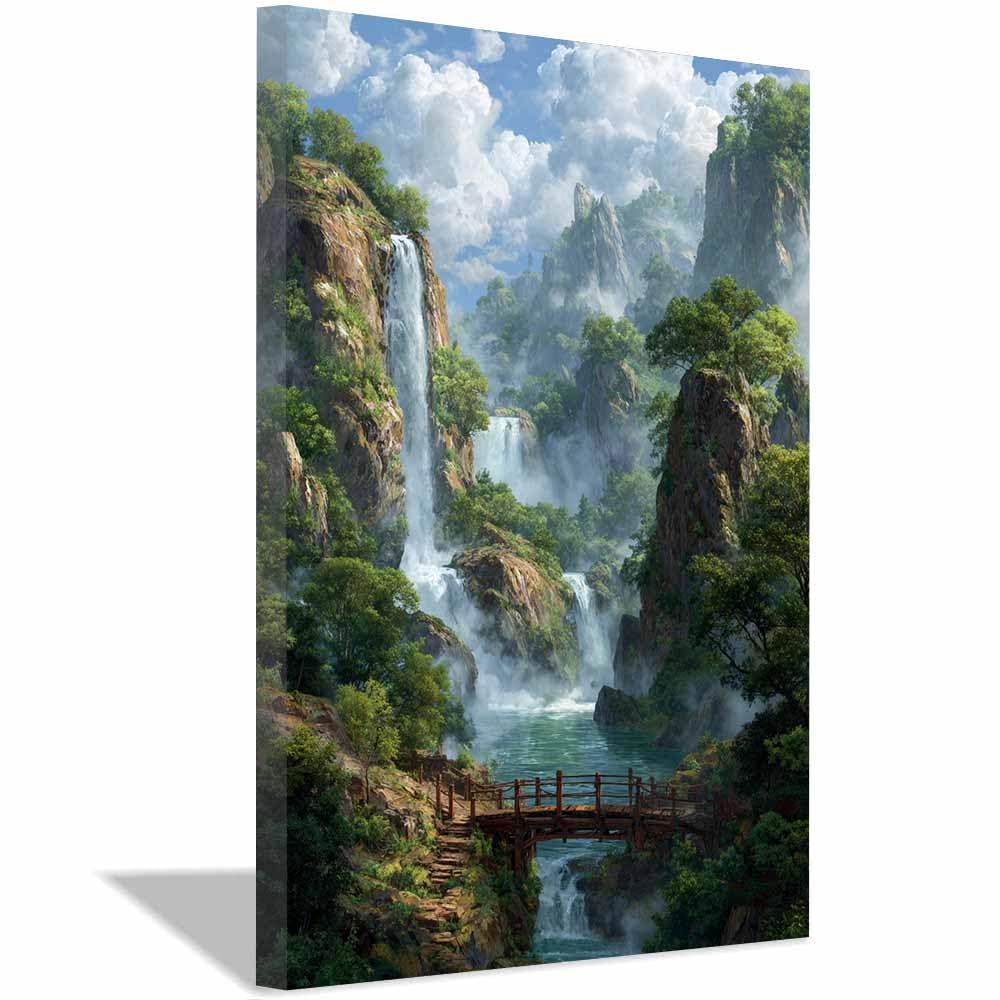 XENIOU Canvas Wall Art Misty Mountainse Waterfall pictures, print canvas poster decor for living room, bathroom canvas art, for Bedroom Home Decoration.(Multicolor)-80x120cm Framed