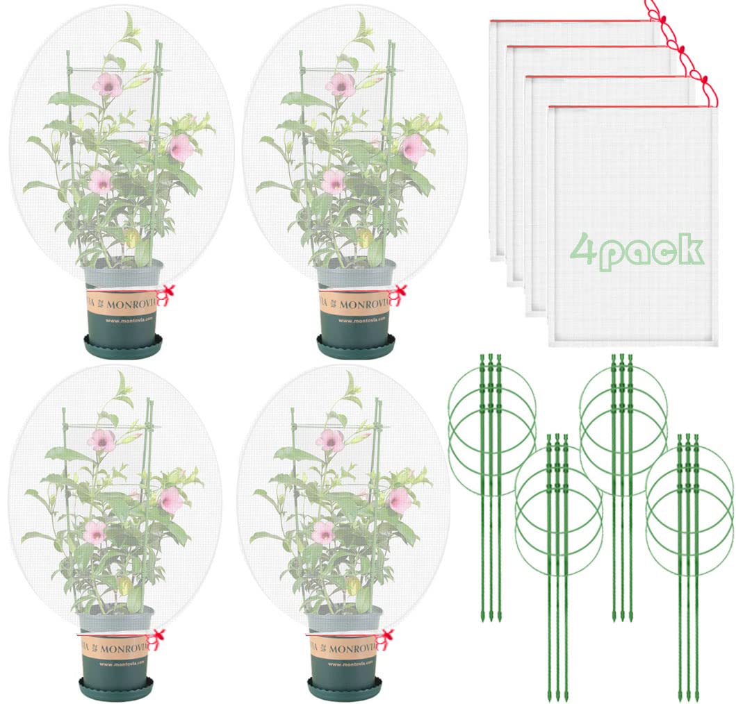 Garden Plant Support Ring with Plant Nets- 4 Pack -17.7in Plant Seedlings & Climbing Plant Climbing Frame + Protection Device,Seedling Plant Protectors,14" X 22" Mosquito Netting Bag