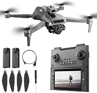 Drone M66 com novo controle remoto dobrável com tela, duas baterias, motor sem escova, retenção de altitude, decolagem/pouso com uma chave, com estojo preto para transporte externo.