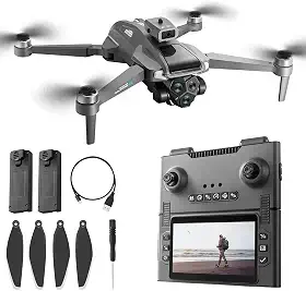 Drone M66 com novo controle remoto dobrável com tela, duas baterias, motor sem escova, retenção de altitude, decolagem/pouso com uma chave, com estojo preto para transporte externo.