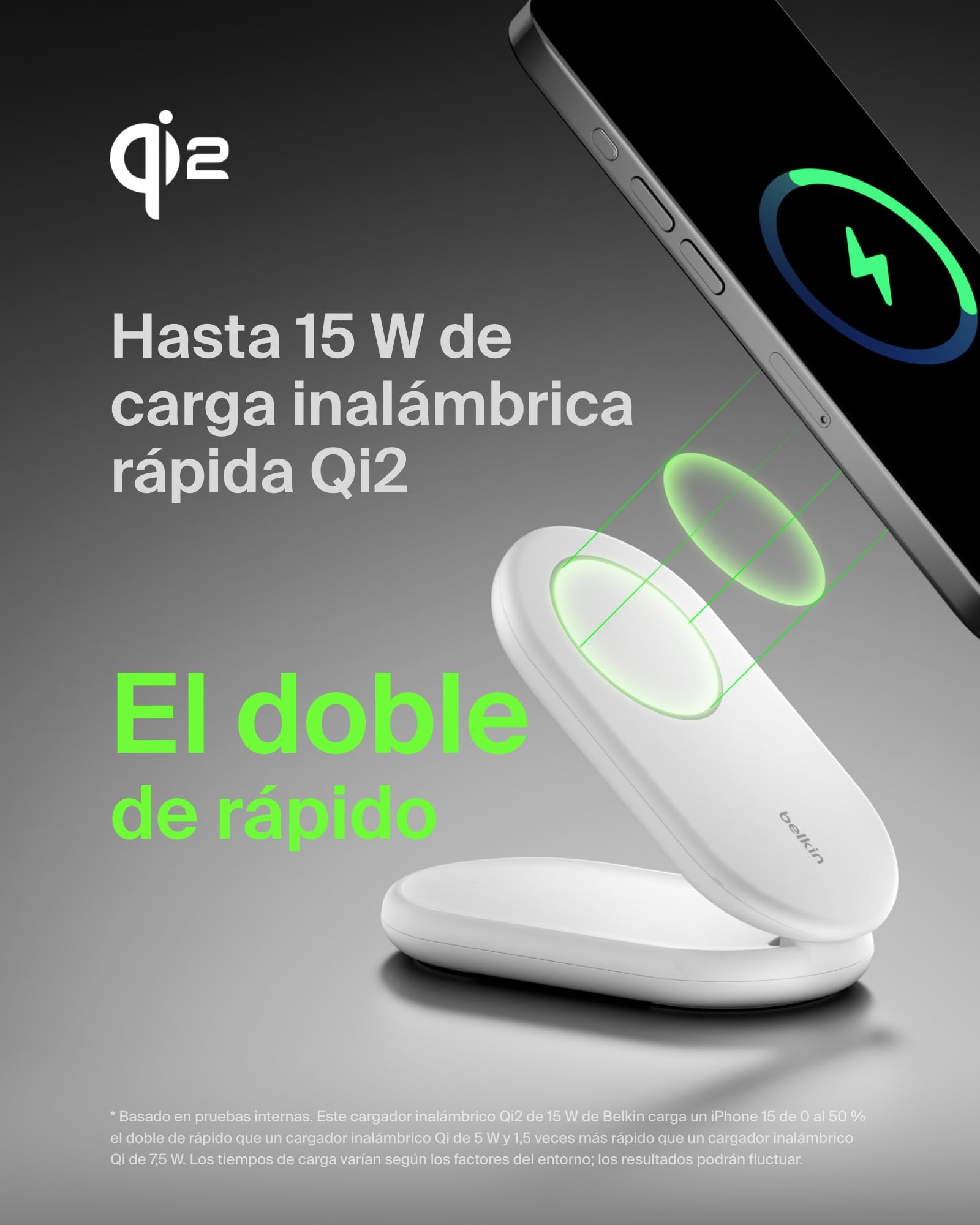 Belkin BoostCharge Cargador Inalámbrico con Qi2, Soporte Magnético Plegable 15W, Compatible con MagSafe, Cargador rápido portátil, admite Modo Standby, para iPhone 17, 16, 15, 14 y 13 - Blanco