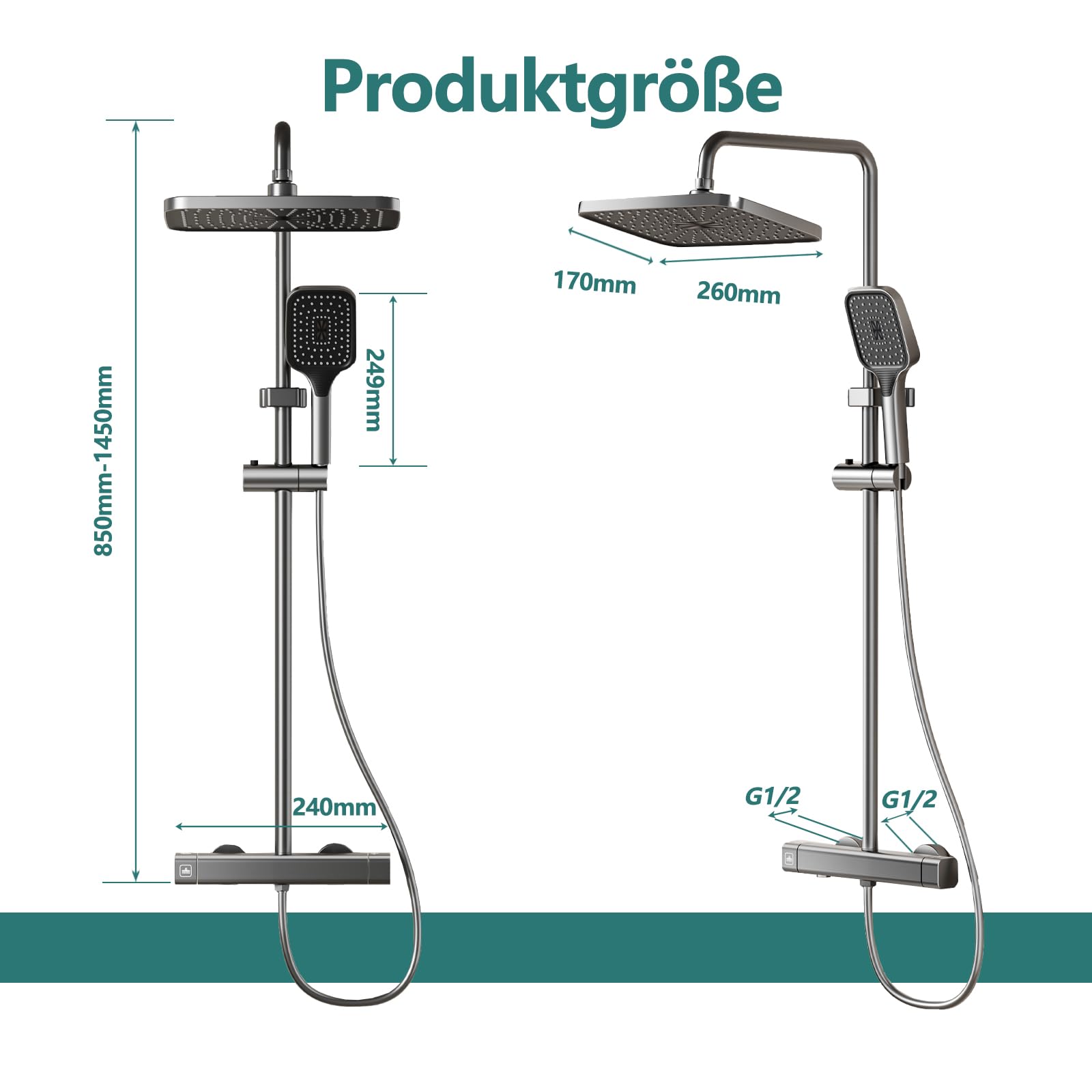 Regendusche mit Armatur, Duschsystem mit Thermostat, Duscharmatur Komplettset mit Höhenverstellbarer Duschstange 85–145 cm, Eckiger Regenduschkopf und Handbrause für Badezimmer