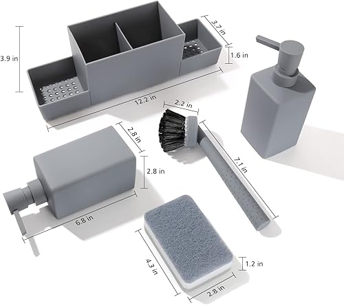 Miniatura 3 de Juego de dispensador de jabón de cocina con soporte de esponja para fregadero, organizador, dispensador de jabón de manos y de platos con cepillo