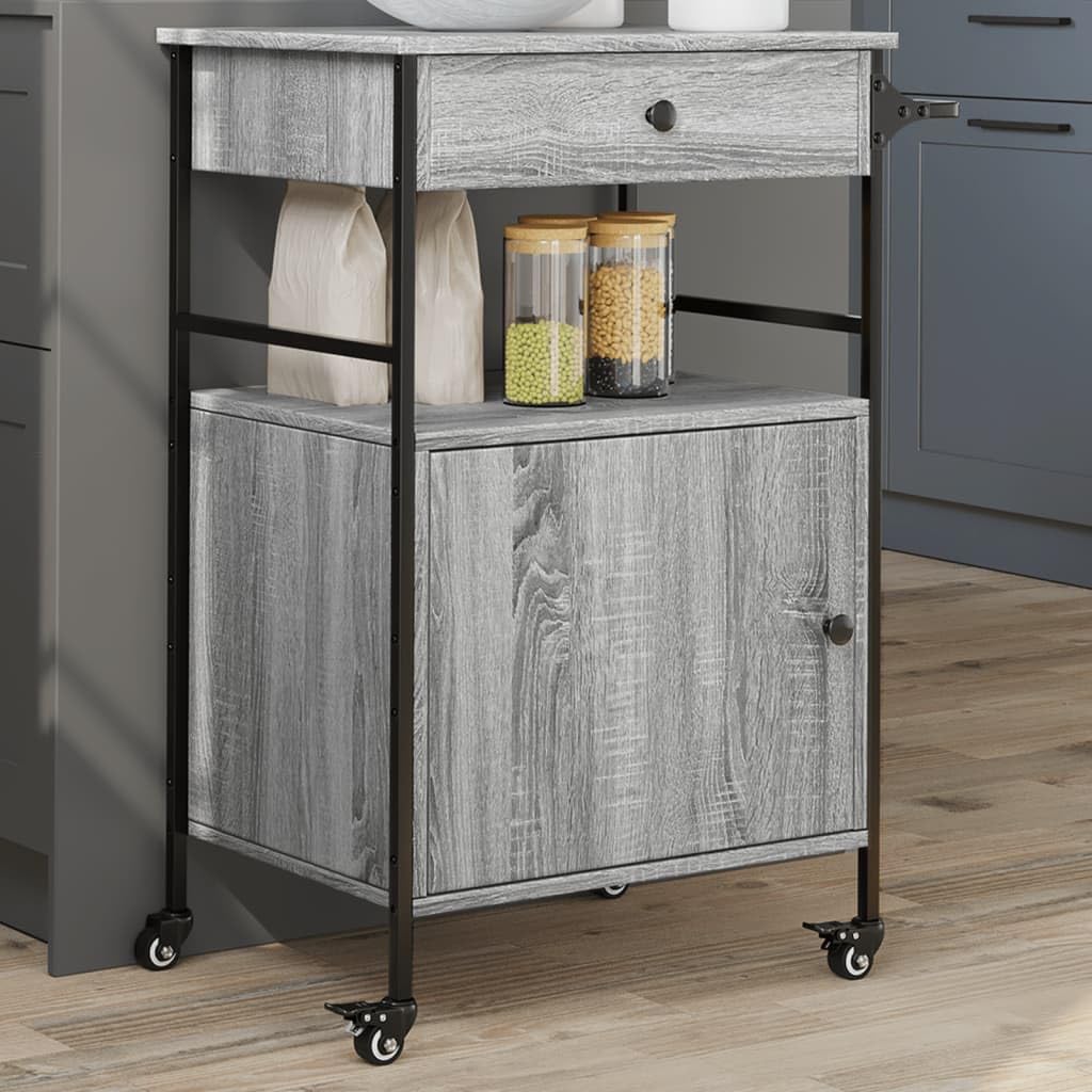 Küchenwagen Grau Sonoma Holzwerkstoff 56x43x89,5 cm Servierwagen mit Stauraum 4 Rollen Bremsen Beistellwagen