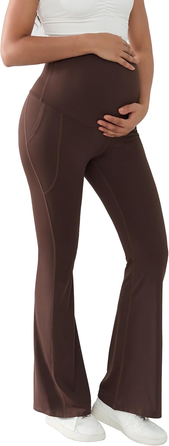 Maternity Flare Leggings with Pockets Buttery Soft Bootcut Pregnancy Bell Bottom Pants for Lounge Yoga Work - Image 5