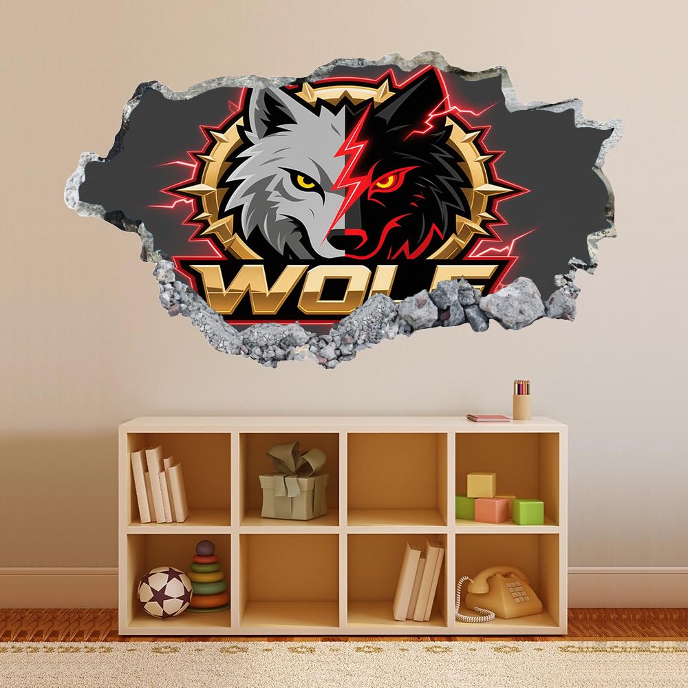 Pegatinas de decoración de pared 3D Animales Lobo Pegatinas De Pared Calcomanías Murales De Pared Rotas 3D Tótem Abstracto Vinilo De Pared Arte Hogar Decoración De Pared 120x80cm