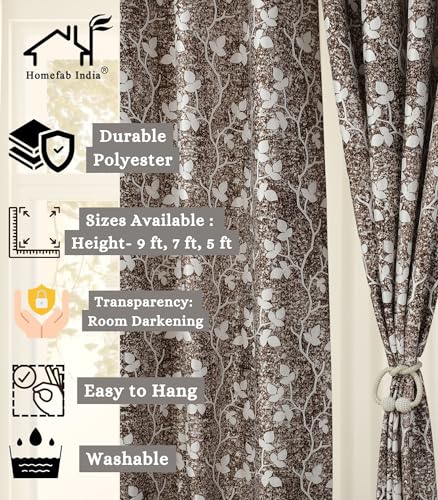 Image of Homefab India 2 Piece Polyester Printed Curtains Room Darkening Panel - Door 7 feet, Petals Brown Curtain