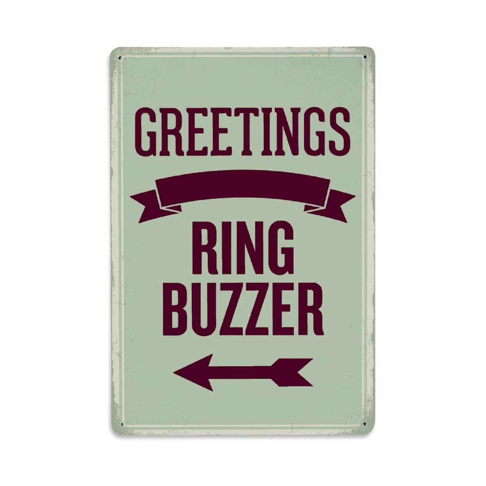 Metal Tin Sign Vintage Greetings Ring Buzzer Arrow Ribbon