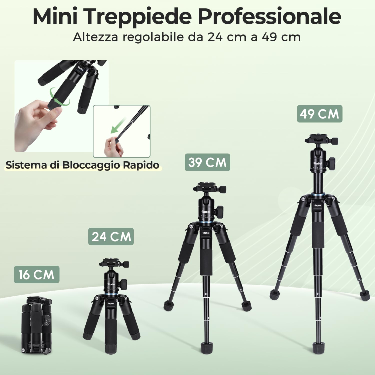 Rollei Compact Traveler Mini M1, Mini Treppiede Fotocamera in Alluminio 49cm Cavalletto Fotografico Piccolo Leggero con Testa a Sfera Arca Swiss per DSLR Nero, Macro-Treppiede-Fotocamera-Tripod
