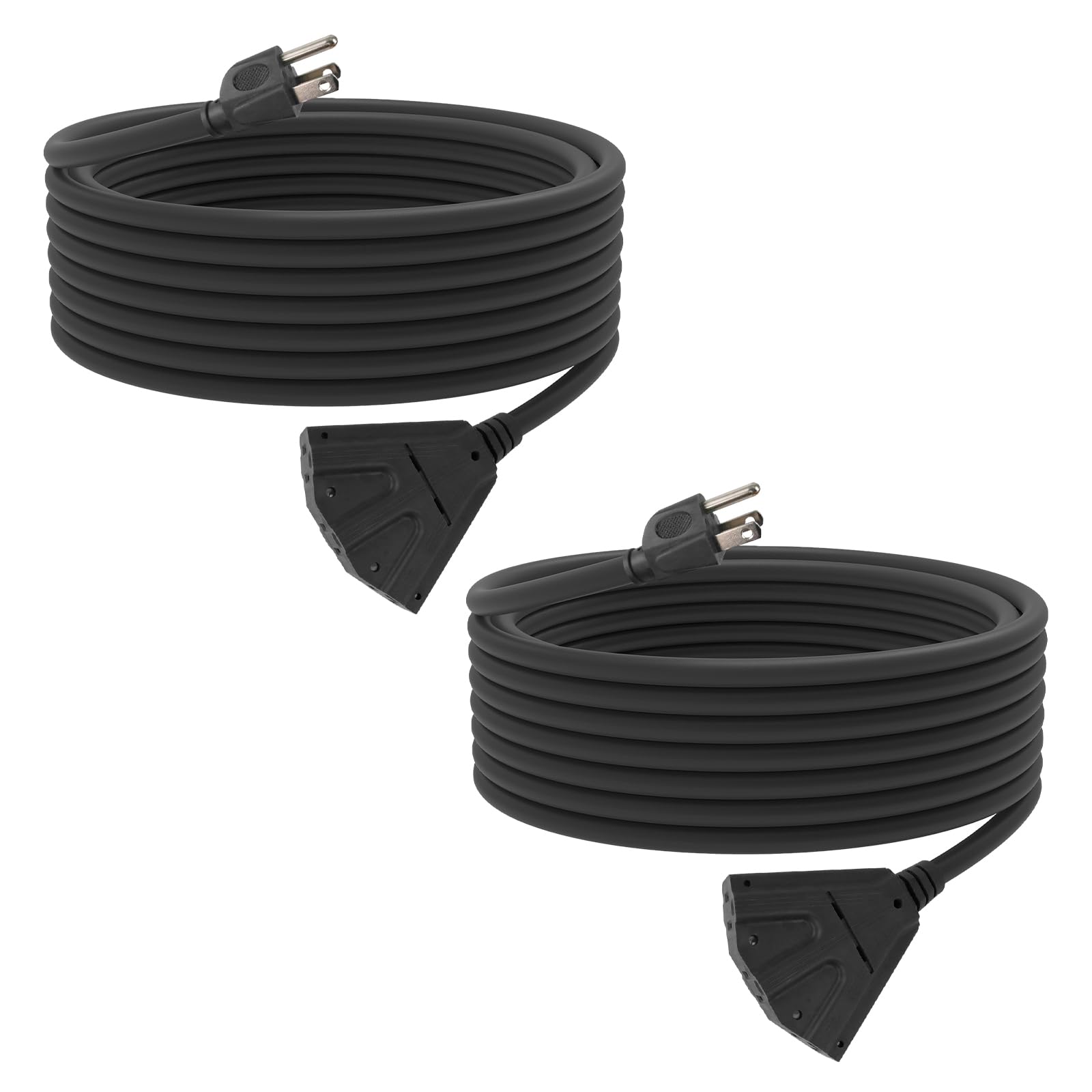 GREATIDE 2 Pack 25 Ft Outdoor Extension Cord with 3 Electrical Power Outlets - 16/3 SJTW Black Cable with 3 Prong Grounded Plug