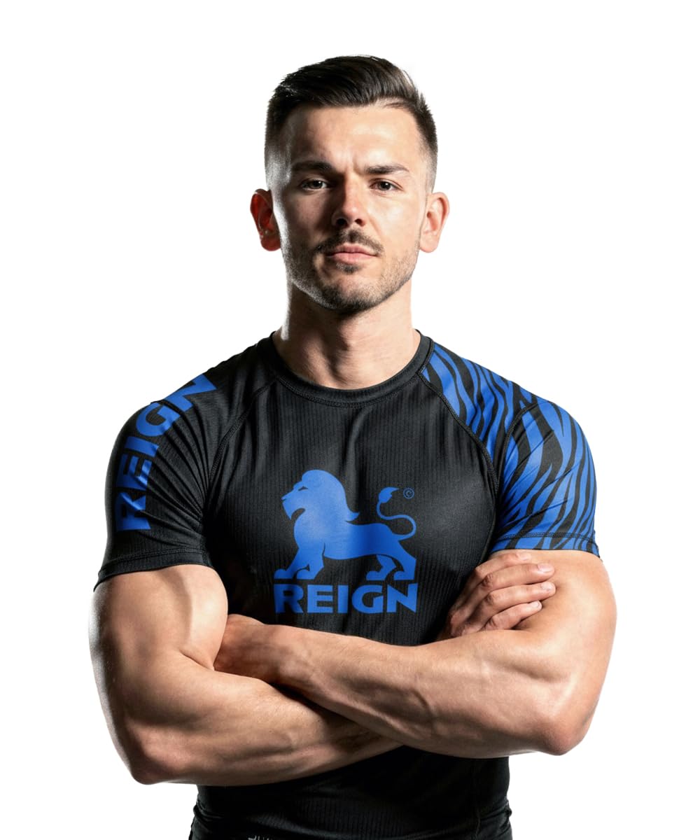 REIGN Tshirt Compression MMA BJJ Homme Ceinture Bleu