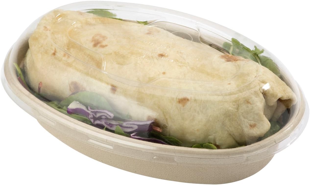 World Centric 32 oz Oval Bagasse Fiber Salad, Grain, and Burrito Bowl with Clear PLA Dome Lids, Pack of 50 Sets