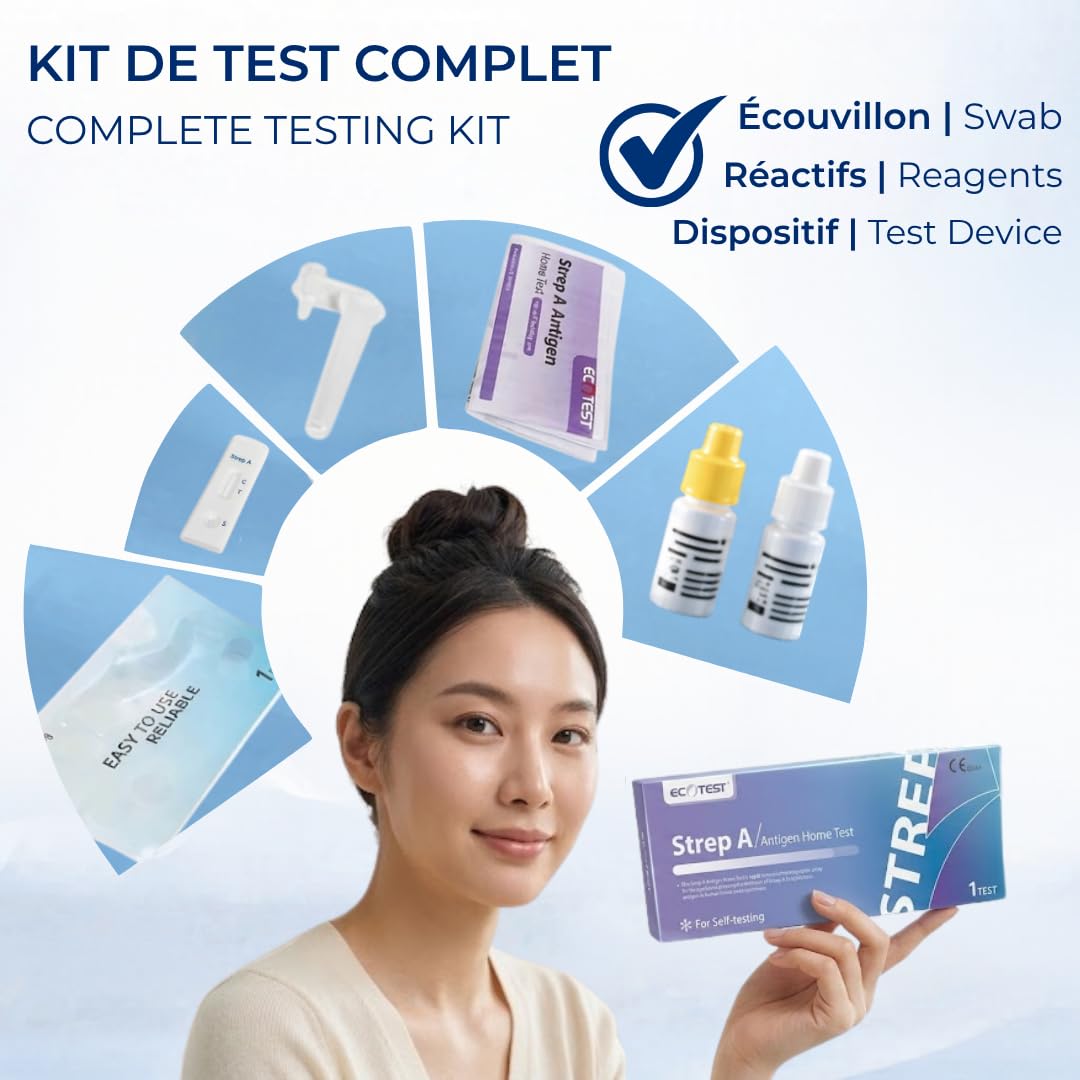 Strep A Antigen Home Test – Autotest Rapide pour Détection du Streptocoque A – Résultats Fiables en 5 Minutes – Haute Précision 97,5% – Certifié CE 0344 – Kit Facile à Utiliser à Domicile