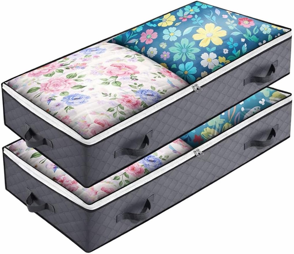 2 Pack Under Bed Storage Containers 39 x 20 x 6 Inch Low Profile Underbed Storage Bins with Zipper Lid Sturdy Sidewalls Bottom Handles Label Holder Fabric Organizer for Clothes Blankets Closet (Grey)