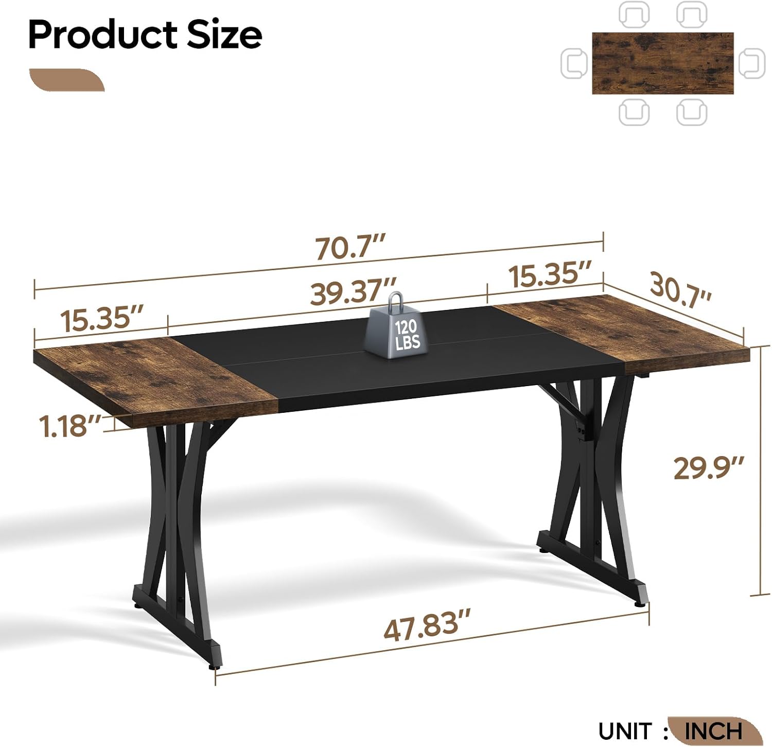 Bestier 70 Inch Large Executive Desk, Modern Simple Computer Office Desk with Thickened Desktop, Wood Metal Conference Room Table for Home Office, Business & Writing, Rustic Brown