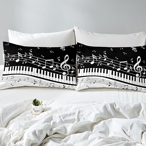 Miniatura 6 de Erosebridal Funda de edredón con diseño de piano y notas musicales giratorias, juego de ropa de cama con teclas blancas negras para niños y niñas,