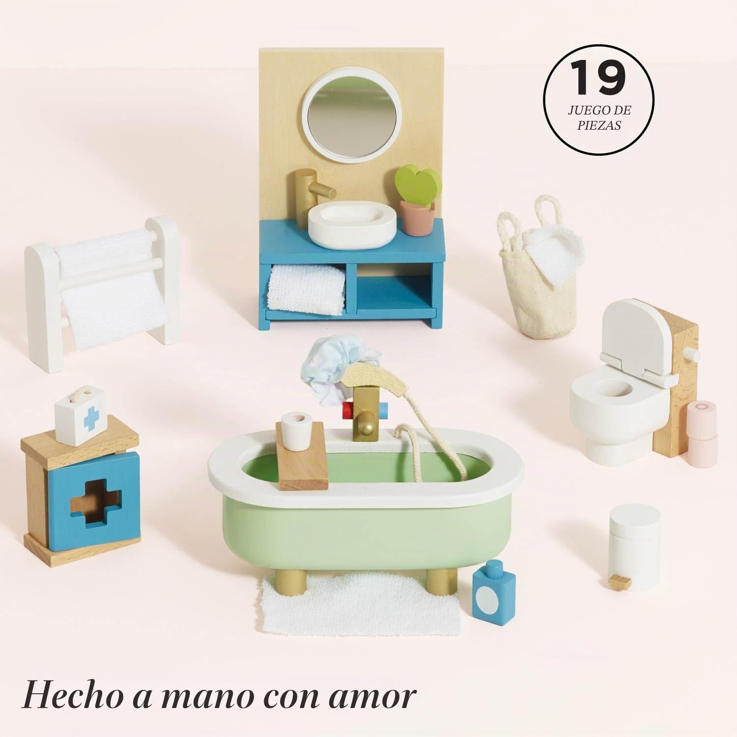 Le Toy Van - ME060 - Baño de casa de muñecas, 3 años, Juguete Educativo, Juego de Muebles de Madera de 19 Piezas, Juguetes ecológicos, Montessori, Incluye Accesorios de baño
